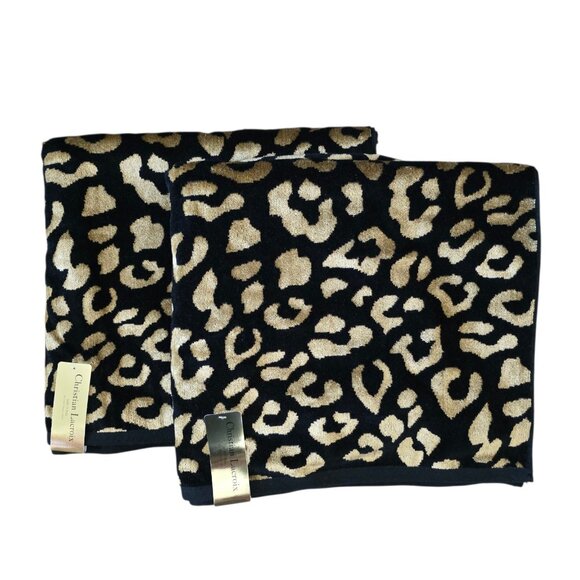 Christian Lacroix Set of 2 Black & Gold Leopard Bath Towels NWT - Picture 1 of 2